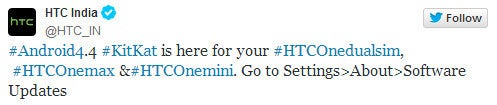 Dual SIM HTC One getting the KitKat update, tweets HTC India, alongside One max and One Mini