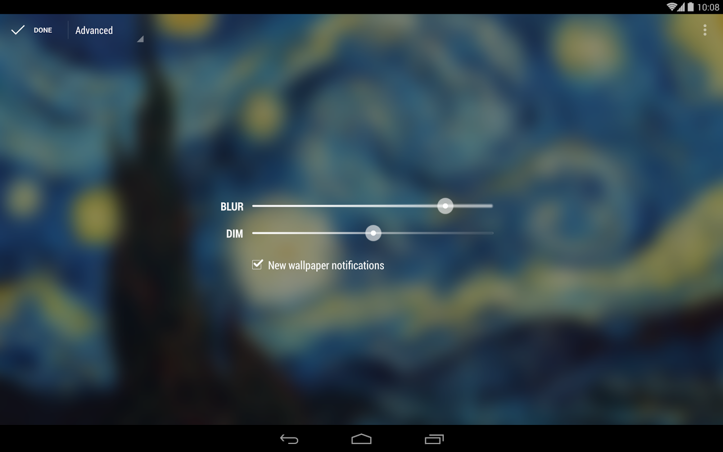 You can select the blur and dim levels - Muzei Live Wallpaper Review: the Android wallpaper Lollapalooza