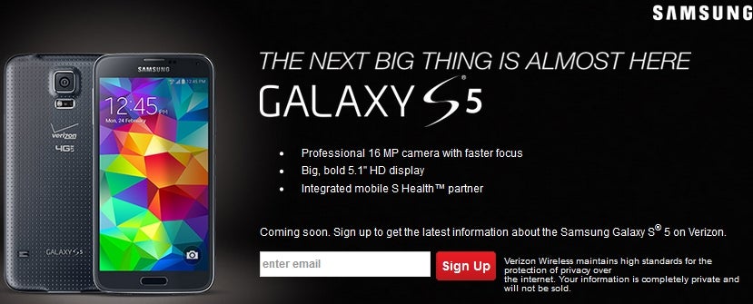 Verizon Tweets image and sign-up page for their Samsung Galaxy S5