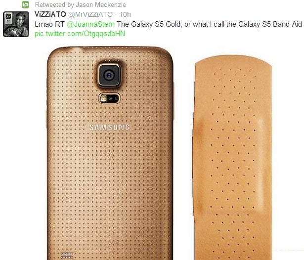 HTC exec retweets image of a gold Samsung Galaxy S5 compared to a band-aid