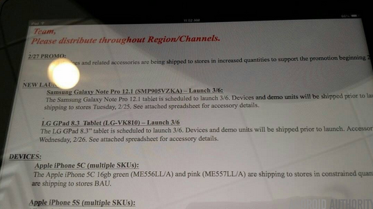 Leaked internal memo reveals March 6th launch date for a pair of hot tablets on Verizon - Leaked memo reveals March 6th release date for Verizon's LG G Pad and Samsung Galaxy NotePRO 12.2