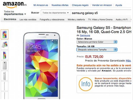 Amazon Spain takes pre-orders for the Samsung Galaxy S5 - Pre-order pricing suggests no price cut for the Samsung Galaxy S5