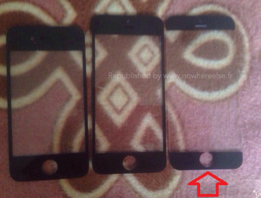 The arrow points out what is alleged to be the front panel for the Apple iPhone 6 - Photo claiming to show front panel of the Apple iPhone 6 reveals new bezeless look, larger screen