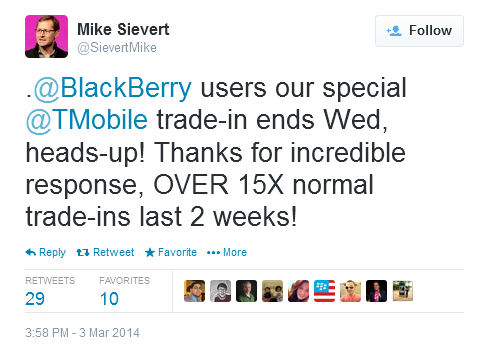 Tweet from T-Mobile CMO Mike Sievert reveals the success of the BlackBerry trade-in offer - T-Mobile says it has had 15 times its usual trade-ins of BlackBerry models over the last two weeks