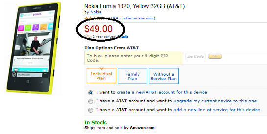 Get AT&amp;T's Nokia Lumia 1020 for $49 from Amazon, with a signed two-year pact - Amazon offering AT&T's Nokia Lumia 1020 for $49 on contract