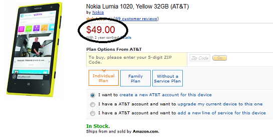 Get AT&amp;amp;T's Nokia Lumia 1020 for $49 from Amazon, with a signed two-year pact - Amazon offering AT&amp;T's Nokia Lumia 1020 for $49 on contract