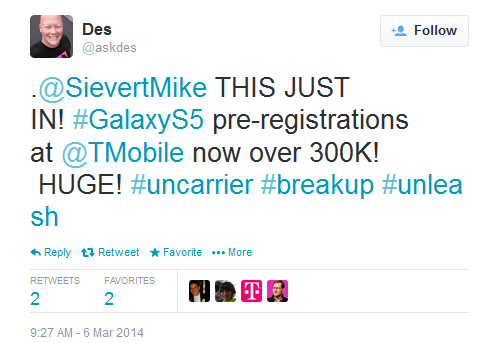 T-Mobile has 300K pre-registrations for the Samsung Galaxy S5 - Samsung Galaxy S5 pre-registrations now number 300,000 at T-Mobile