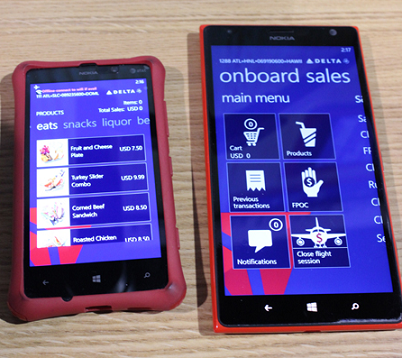 The Nokia Lumia 820 (L) and the Nokia Lumia 1520 shown running Delta's custom in-flight retail sales app - Delta Airlines to upgrade to the Nokia Lumia 1520 from an older model