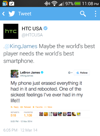 LeBron James tweets about his phablet and HTC throws its two cents in - Lebron James is upset as his Samsung Galaxy Note 3 crashes and burns