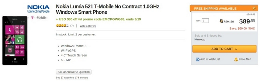 Get the Nokia Lumia 521 for just $59.99 sans contract from Newegg - Until March 19th, you can pick up T-Mobile's Nokia Lumia 521 for $59.99; no contract required