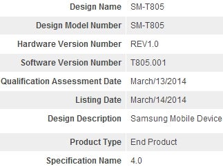 Samsung SM-T805 (possibly a new Galaxy Tab Pro) receives its Bluetooth certification