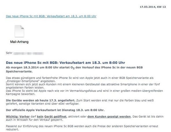 A more affordable 8GB iPhone 5c might land on March 18th, carrier documents reveal