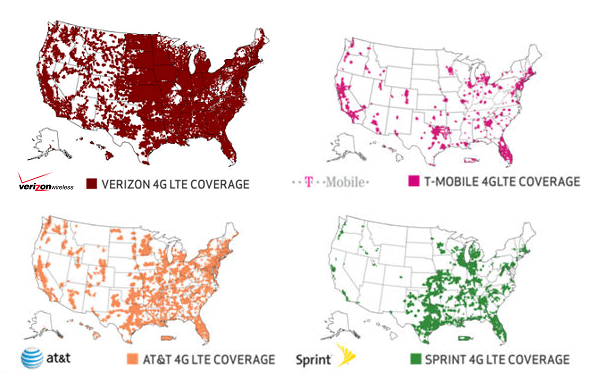 Coverage maps for different carriers come from Verizon's official webpage - Which carrier offers the fastest mobile data and coverage: 4G / 3G speed comparison
