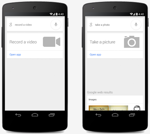 Say Ok Google, take a video (L) or take a picture (R) - &quot;Ok Google, take a picture.&quot; Snap.