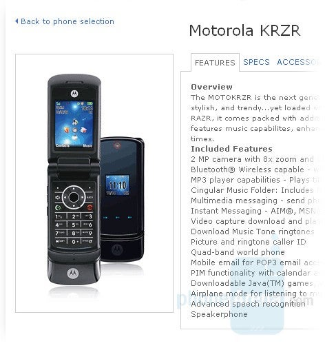 KRZR on the Cingular site - Cingular launches Motorola KRZR K1