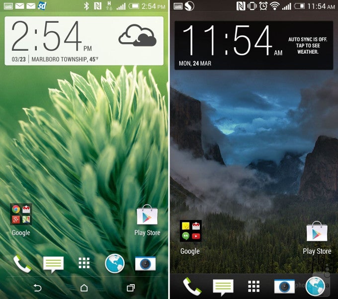 HTC Sense 6 interface on the left, versus Sense 5.5 on the right - How to put the new HTC Sense 6 weather and clock widget on any Android phone