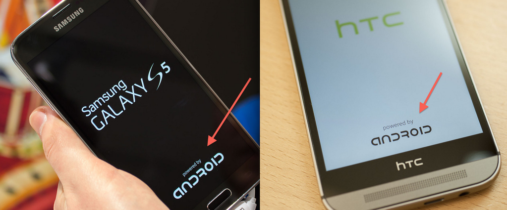 Mark of the robot – the Galaxy S5 and HTC One M8 proudly proclaim they are “Powered by Android”