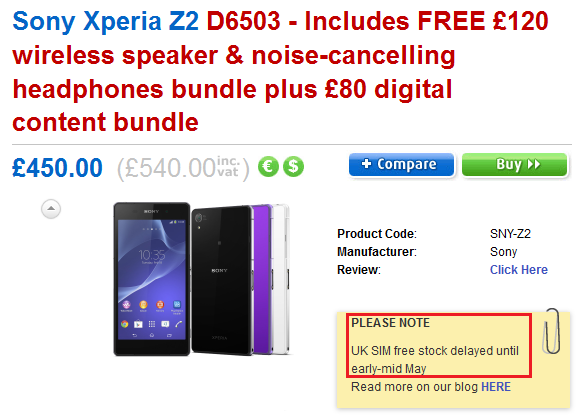 The SIM-free Sony Xperia Z2 is delayed in the U.K. until May - Sony confirms delay in U.K. of SIM-free Sony Xperia Z2; phone won't be available until May
