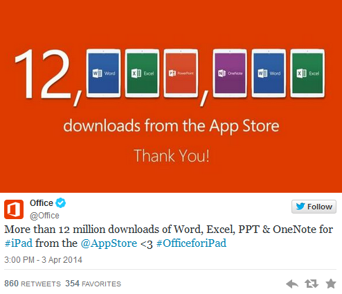 Microsoft says thank you to Apple iPad owners who have downloaded the Microsoft Office suite - Microsoft's Office suite has been downloaded to 12 million Apple iPad users