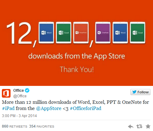 Microsoft says thank you to Apple iPad owners who have downloaded the Microsoft Office suite - Microsoft&#039;s Office suite has been downloaded to 12 million Apple iPad users