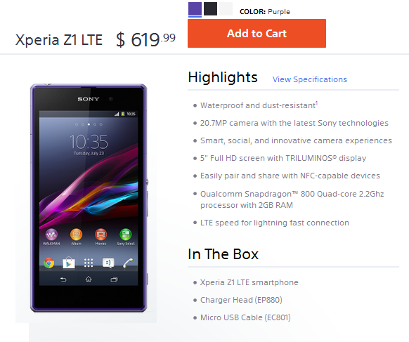 The Sony Xperia Z1 is now available unlocked in the states, supporting some U.S. LTE bands - Unlocked Sony Xperia Z1 released in the states with support for some U.S. LTE bands