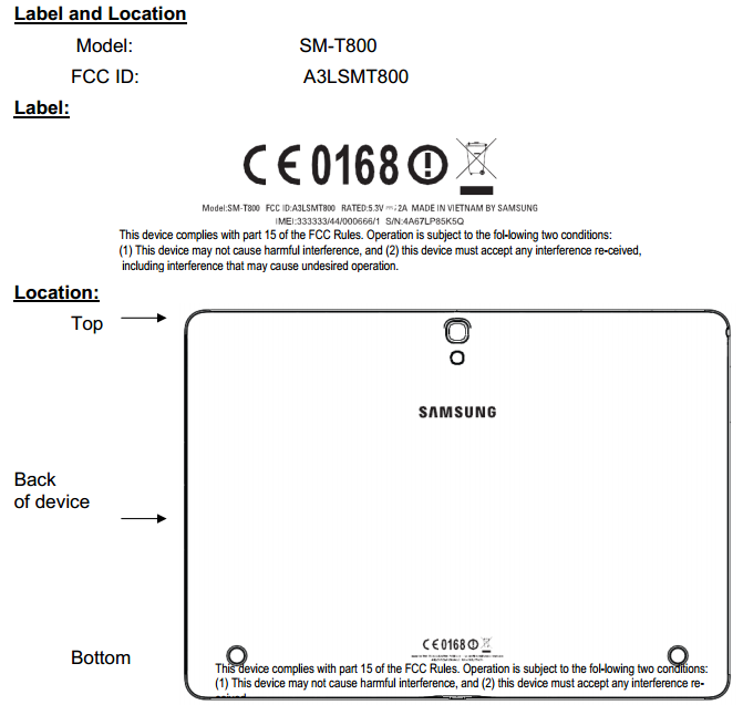 SM-T800 schematics from the FCC filing - Specs for 10.5-inch Samsung SM-T800 tablet leak out: AMOLED display and state-of-the-art silicon