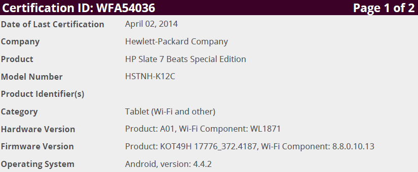 HP Slate 7 Beats Special Edition with Android 4.4 KitKat coming soon?