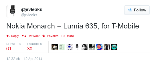 The Nokia Lumia 635 will be called the Nokia Monarch at T-Mobile, according to evleaks - Nokia Monarch is the Nokia Lumia 635 for T-Mobile?