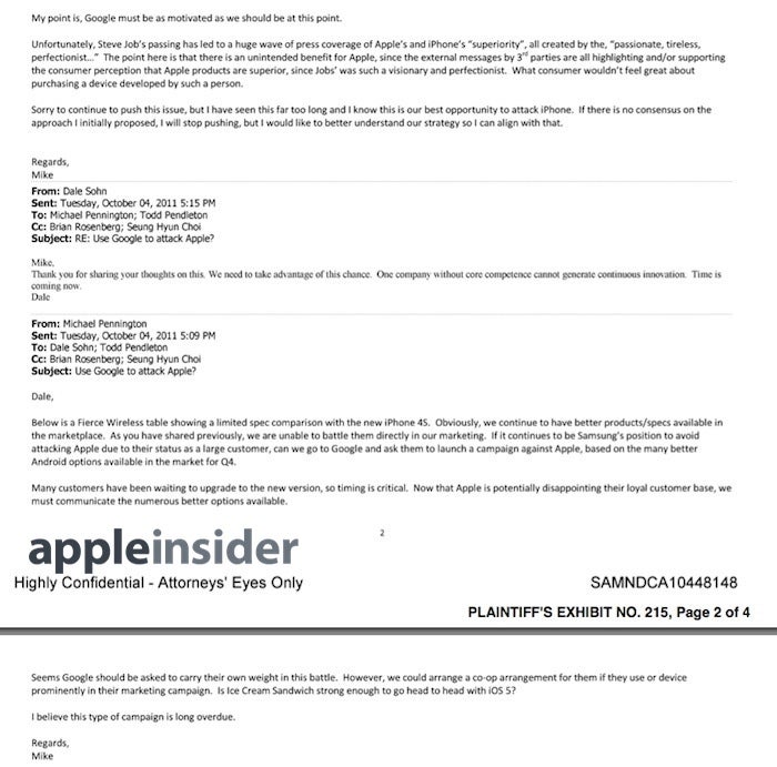 Part of the email correspondence between Michael Pennington and Dale Sohn - Samsung used Steve Jobs&#039; death to gain market advantage over Apple and &quot;attack iPhone&quot;