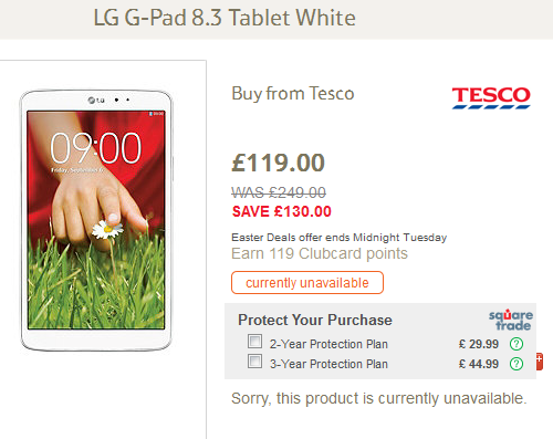 The LG G Pad 8.3 has been sliced in price by more than half at U.K. supermarket Tesco - U.K. supermarket offers the LG G Pad 8.3 online, with a larger than 50% price cut for Easter