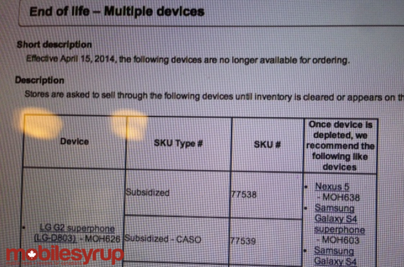 Canadian carrier Bell puts the LG G2 on the EOL list - It&#039;s the EOL for the LG G2 on Bell?