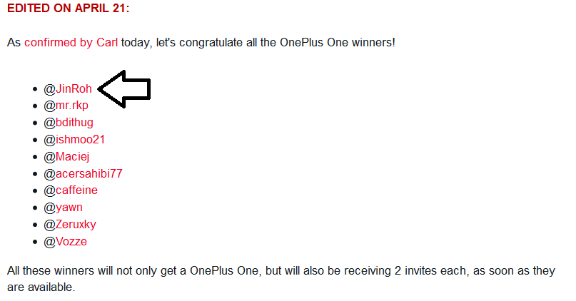 Alvaro, aka JinRoh, gets his free OnePlus One back along with two invites - OnePlus decides to award "old" contest winners with a new phone