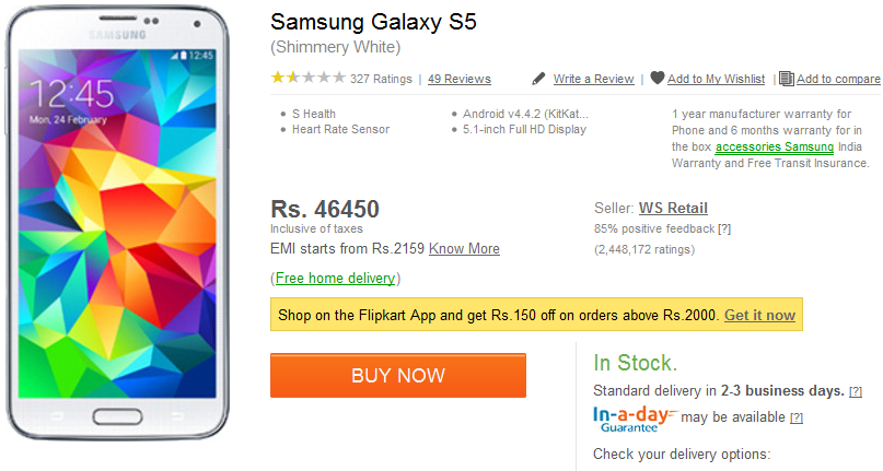 The Samsung Galaxy S5 in white, has its price cut in India - White Samsung Galaxy S5 gets price cut in India