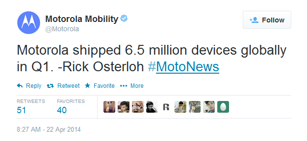 Motorola shipped 6.5 million smartphones in Q1 - Motorola reveals that it shipped 6.5 million smartphones in the first quarter