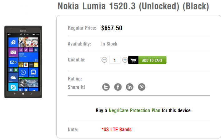 The T-Mobile compatible Nokia Lumia 1520 can be bought from Negri Electronics - T-Mobile customers can get compatible version of the Nokia Lumia 1520 from third party seller