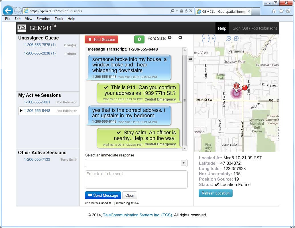This is an example of how text-to-911 may look from an emergency dispacher&#039;s screen - Text-to-911 goes live with all four major US carriers on May 15th