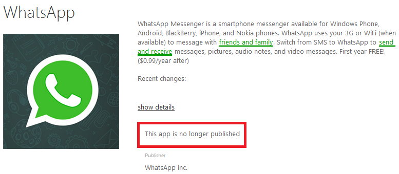 WhatsApp is no longer published for Windows Phone 8 and Windows Phone 8.1 - WhatsApp missing from Windows Phone Store