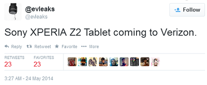 Tweet from evleaks reveals that the Sony Xperia Z2 Tablet is headed to Verizon - Verizon to offer the Sony Xperia Z2 Tablet?