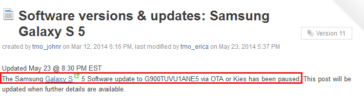 T-Mobile temporarily halts an update for the Samsung Galaxy S5 - T-Mobile halts Samsung Galaxy S5 update because of bug