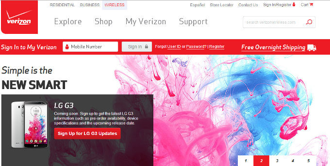 Verizon opens an LG G3 sign-up page, lists availability as 'coming soon'