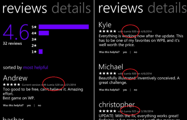 App reviews in the Windows Phone 8.1 Store include the reviewer's phone model - Windows Phone 8.1 Store lists reviewer's phone model and the version of the app being judged