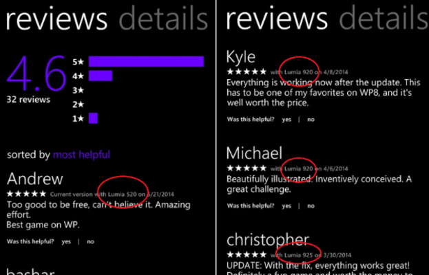 App reviews in the Windows Phone 8.1 Store include the reviewer&#039;s phone model - Windows Phone 8.1 Store lists reviewer&#039;s phone model and the version of the app being judged