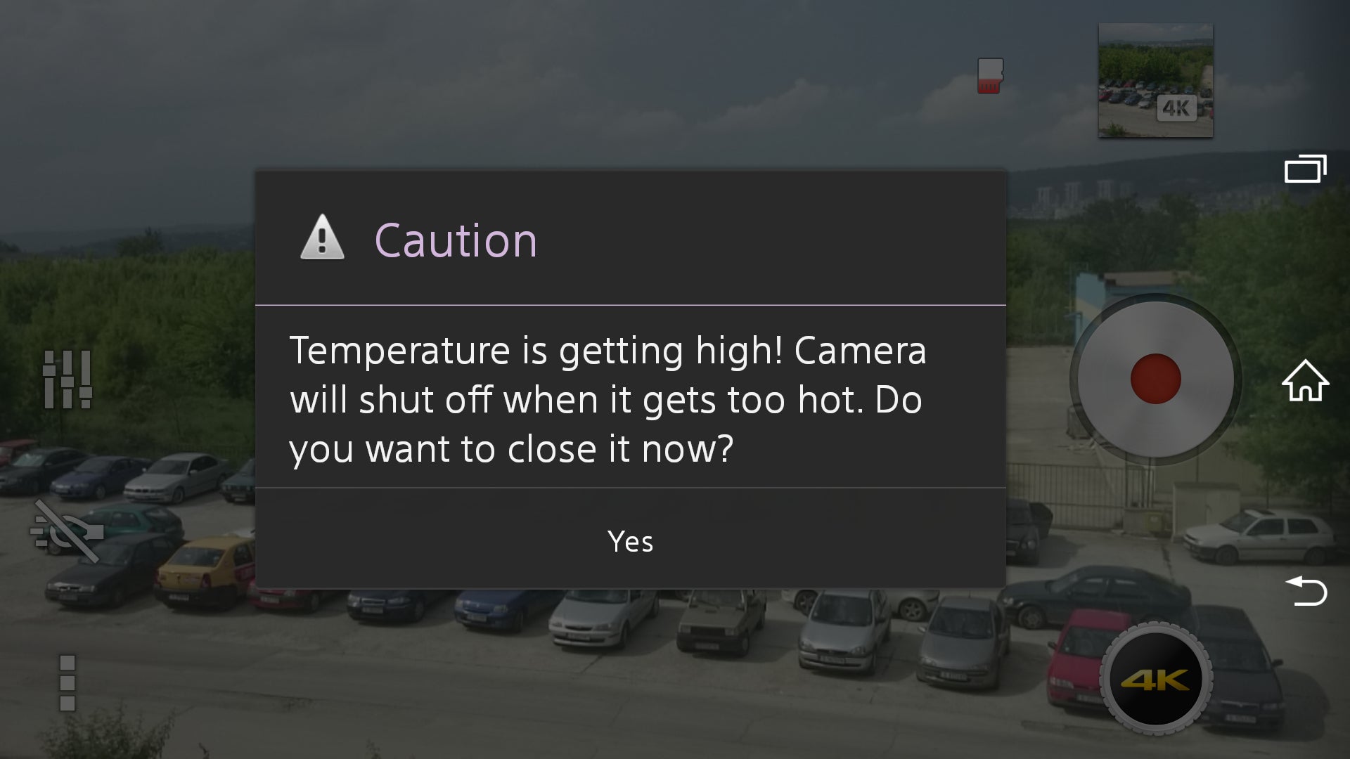 A warning message that the Xperia Z2 displays when its temperature starts to get dangerously high during 4K video recording - Sony Xperia Z2 won't let you record more than ~5 minutes of 4K video (and neither will Note 3 and S5)