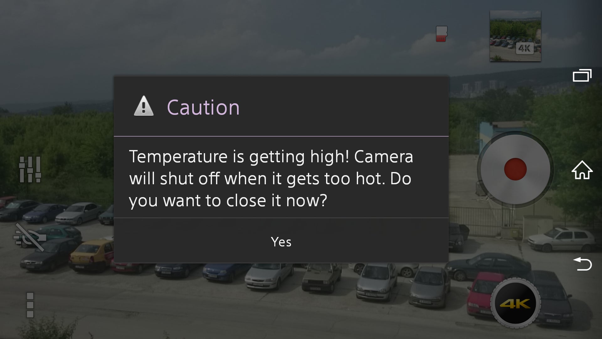 A warning message that the Xperia Z2 displays when its temperature starts to get dangerously high during 4K video recording - Sony Xperia Z2 won&#039;t let you record more than ~5 minutes of 4K video (and neither will Note 3 and S5)