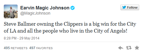 Magic Johnson tweets his happiness over Ballmer's winning bid - Former Microsoft CEO Steve Ballmer agrees to buy the NBA's L.A. Clippers for a cool $2 billion