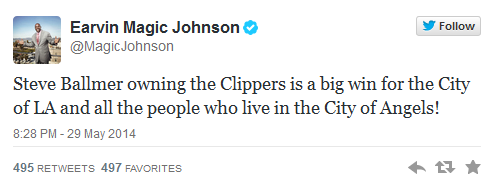 Magic Johnson tweets his happiness over Ballmer&#039;s winning bid - Former Microsoft CEO Steve Ballmer agrees to buy the NBA&#039;s L.A. Clippers for a cool $2 billion