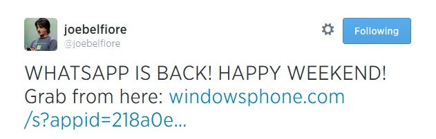 WhatsApp returns to the Windows Phone store, just in time for the weekend