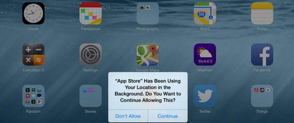 In iOS 8, users are asked if they still want to grant permission so that specific apps can still use location data apps permission to use location data - Screenshot shows that in iOS 8, users are asked if apps can still use location data
