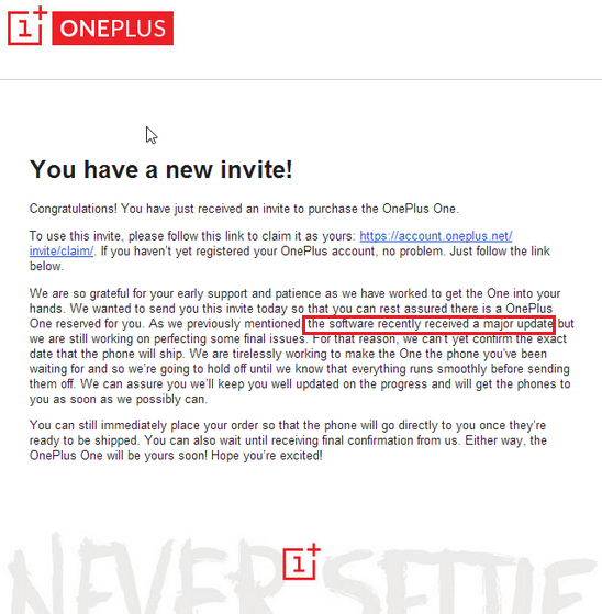 Letter from OnePlus warns about a delay in the OnePlus One launch due to a last minute software update - OnePlus One launch is delayed due to last minute software update