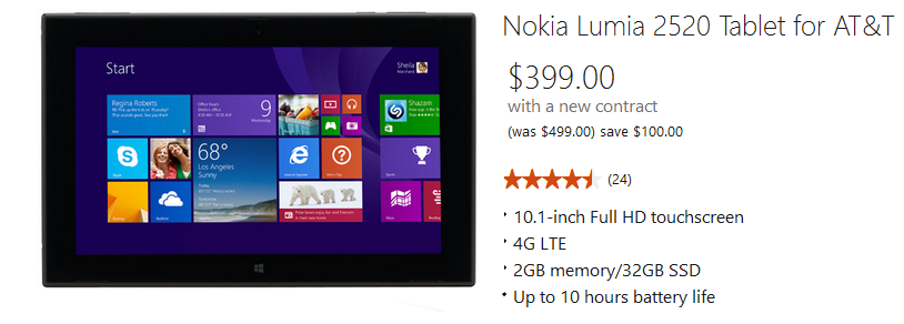 Buy the Nokia Lumia 2520 from the Microsoft Store and save $100 - AT&amp;T&#039;s Nokia Lumia 2520 tablet priced at $399 online at the Microsoft Store